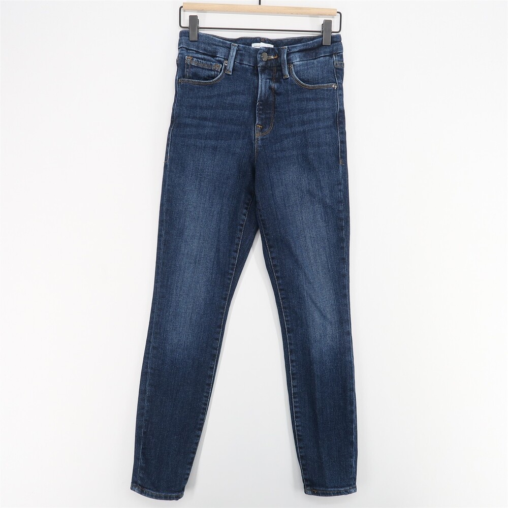 Good American Good Waist Jean Womens 2/26 Blue Stretch Chewed Pockets Distressed